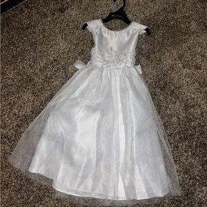 Baptism/ flower girl dress stark white with tool,  beaded detail & neckline